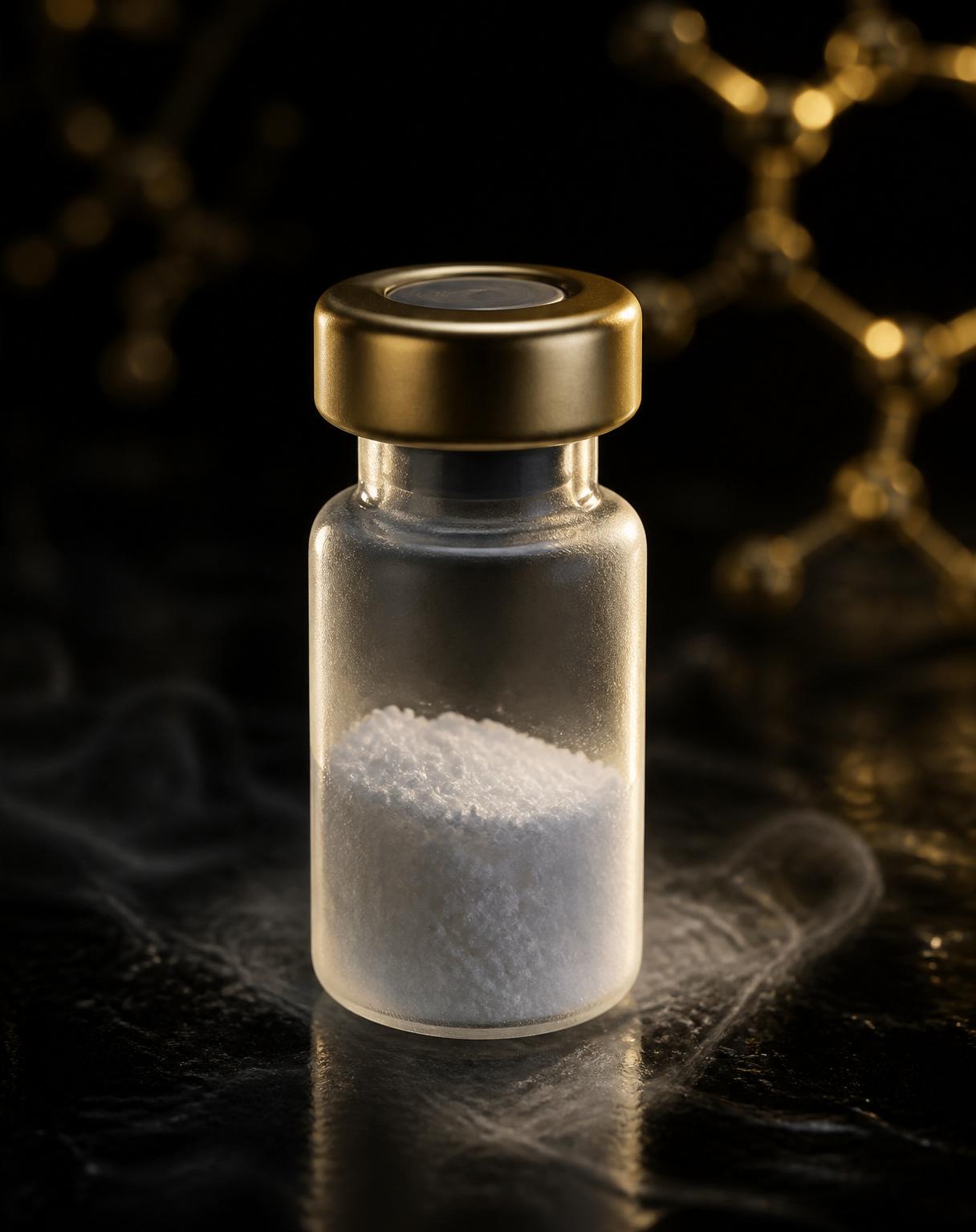 Frosted glas peptide-vial met gouden cap op een laboratorium-oppervlak — AB-Peptides research-grade